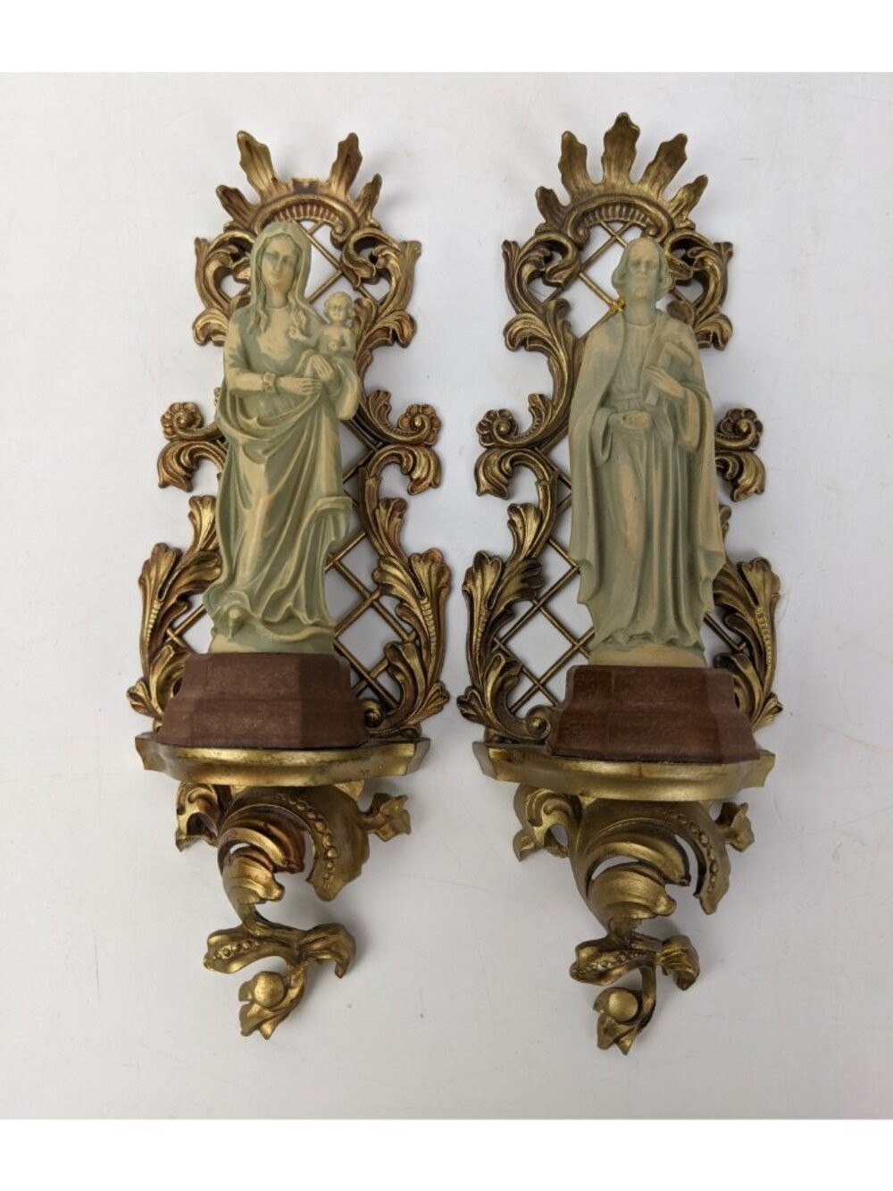 Vintage W.G Kauders Germany Mary Baby Jesus Joseph Wall Sconce 16" x 5" Set